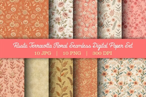 Rustic Terracotta Floral Seamless Set