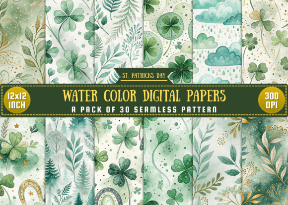 St. Patrick’s Day Watercolor Digital Paper: 30 Print-Ready Backgrounds