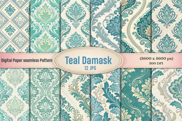 Teal Damask Seamless Digital Paper Pack: A Timeless Design Resource for Creative Projects